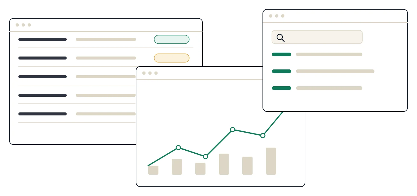 Three sample application screens